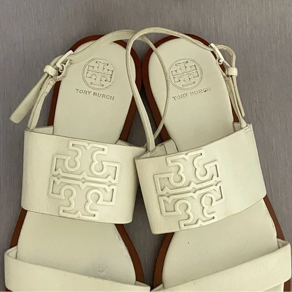 Tory Burch Flat White Slingback Sandals 8 M Big Logo Open Toe Leather - Picture 4 of 10